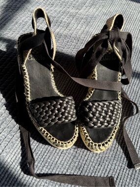 Vince Camuto Black Braided Espadrille Wedge Sandals with Tan Jute Trim